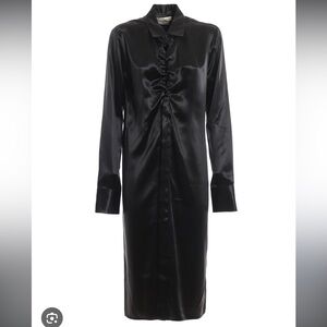 Bottega Veneta Satin Black Long Sleeve Gathered Shirt Dress